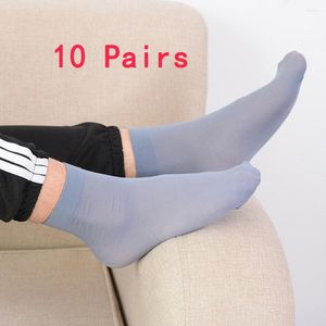 Men's Socks 10 Pairs Summer Casual Business Ultra-thin Elastic Silky Bamboo Fiber Stockings Middle Black White 5 Colors