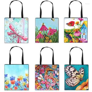 Kvällspåsar Vackra målning Butterfly / blommor tryck Totes Bag Portable Women Tote Casual Shoulder Travel Ladies Shopping Gift