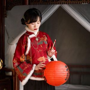 Ubranie etniczne 2022 Zimowy rok tradycyjny chiński mody tang top dla kobiet elegancki satynowy nadruk zagęszcza ciepła kurtka cheongsam