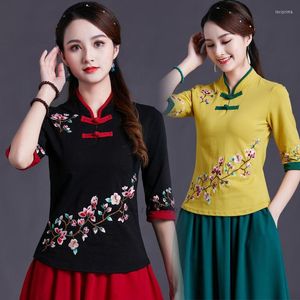 Etniska kläder 2022 kinesiska Hanfu Toppar Dam Cheongsam Shirt National Flower Brodery Base Oriental Tang Suit Blus