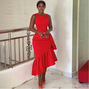 Red Ruffles Asymmetric Mermaid Bridesmaid Dresses With Ruffles Tea Length Long African Women Party Dress Maid Of Honor