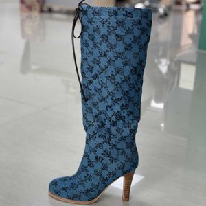 Designer Knee Boot Multicolor Canvas Boots Women Fashion Interlocking G High Heel Zipper Laces Shoe Leather Stilettos Sexy Ladies Party Wedding Shoes 335