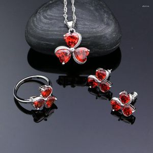 Halsbandörhängen Set 925 Silver Bridal Red Cubic Zirconia Heart Shaped Stones for Women Pendant Ring Jewellery