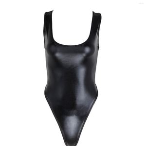 Stage Wear Women Black Patent Leather Sexy Bodysuit Ballet Dancewear Gymnastics Leotard Sleeveless High Cut Swimsuit Bikini Dance Costume