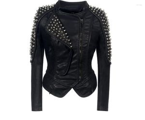 Women's Leather Women Jacket Spikes Stars Slim Bi-metal Silver Rivet Metallic PU Punk Biker Coats