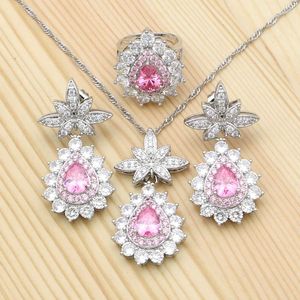 Brincos de colar Conjunto 925 prata para mulheres rosa cúbico zircônia de cristal branco pingente anel acessórios de casamento