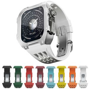 Apple Watch Series 8 7 6 5 4 SE 44mm 45mm 프리미엄 스테인리스 스틸 수정 키트 Fluororubber 보호 케이스 밴드 스트랩 커버