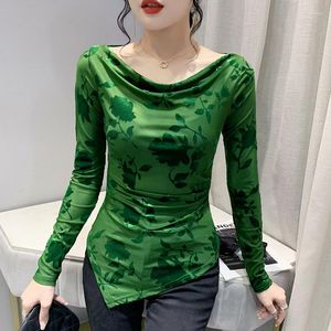 Women's T Shirts Fall Winter Vintage Clothes Flocking T-Shirt Sexy Off Collar Irregularity Ditsy Women Tops Long Sleeve Bottoming Shirt Tees