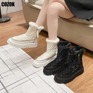 Botas de moda zíper neve mulher inverno 2022 redondo dedo dedo gulho preto sapatos de plataforma mulher quente conforto médio-panela zapatos mujer 221215