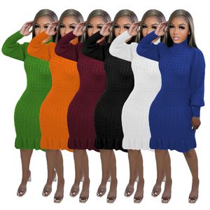 Vestidos de malha por atacado Mulheres cair vestido de manga comprida de inverno Plus Tamanho 2xl Saias de nervuras sólidas casuais Vestido BodyCon Wear Streetwear de moda 8743