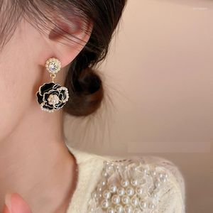 Orecchini a bottone Lusso Perla nera Camelia Goccia Fascino Gioielli Ciondolo Fiore Strass Regali Donne Ragazze Accessori di tendenza per feste