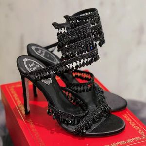 Black Crystal Chandelier High-Heeled Sandals 95mm Luxury Diamond Serpentine Wrapped Roman High Heels Rhinestone Silver Designer Bankettklänningskor35-43