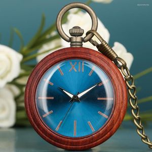 懐中時計ファッションブルー/シアンブルー/グリーンブライトダイヤルクォーツ木製時計青銅色のフォブチェーン明るいポインターウッドペンダントクロック