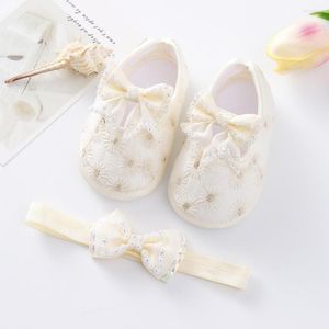 First Walkers Baby Girls Flats Banda de cabelo Conjunto de sapatos infantis sem deslizamento Bowknot Sapatos nascidos no casamento de princesa de 0 a 12 meses para