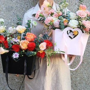 Gift Wrap 5pcs Heart Handle Flowers Bouquet Flower Arrangement Kraft Paper Portable Boxes Valentine's Day Package Bags