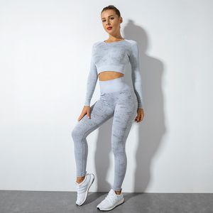 Leggings da donna completi tute da yoga in due pezzi tuta di design Stampa antimacchia Top e pantaloni a maniche lunghe Sollevamento dei glutei Abbigliamento sportivo elastico Abbigliamento da palestra