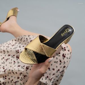 Tofflor 2022 Summer Ladies Party Bling Gold Female Square Heel Slides Outdoor Peep Toe Women Shoes Fashion