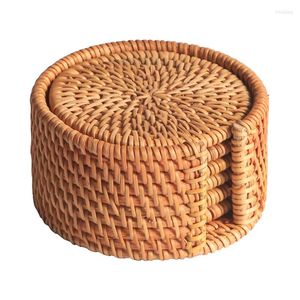 Table Mats 6pcs 10cm Natural Material Round Handmade Rattan Placemat Tableware Dinnerware Coffee Tea Cup Mug Mat Pad