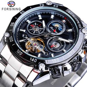 Forsining Brand Brand Black Masculino Mecânica Relógios Músicos Multifuncionais Tourbillon Moon Fase Racing Sport Steel Band Relogio296J