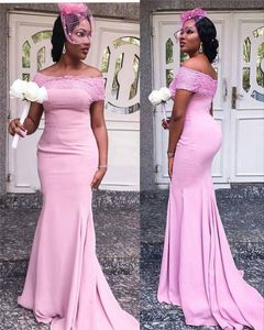 Lace Off Shoulder Bridesmaid Dresses African Long Mermaid Sweep Train Pink Wedding Party Dress Robe De Soiree De Mariage