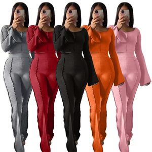 2024 Designer Ribbed Tracksuits Women Matching Set 2 Piece Pants Set Sexy Slim Flare Pants Passar Solid Hlead Hleeve Outfits Pullover Byxor Partihandel kläder 8828