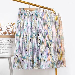 Röcke 2022 Sommer Böhmischen Strand Chiffon Eleganten Druck Floral Plissee Rock Frauen Süße Elastische Hohe Taille Große Schaukel Lange