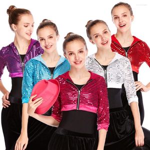 Stage Wear MiDee Hip Hop Dance Crop Top For Girl Kids Felpe con paillettes Unisex Mezze maniche Cardigan corto Giacca Jazz Cappotto Performance