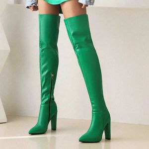 2022 Mulheres de inverno sobre as botas de joelho Sexy pontudas de calcanhar alto de salto alto Boots coxa de couro PU Couro de alta qualidade botas Y220729