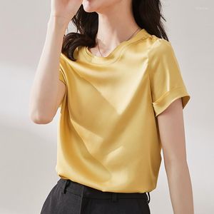 Bluzki damskie Koreańska koszulka kobiet jedwabna dla kobiet Kobietowa satynowa bluzka O-Neck 2022 Kobieta Podstawowa koszulka