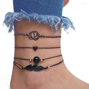 Anklets 4st Black Feather Lotus for Women Fashion Heart Charm Boho Bangles Wrist Chain Armband Party Jewelry