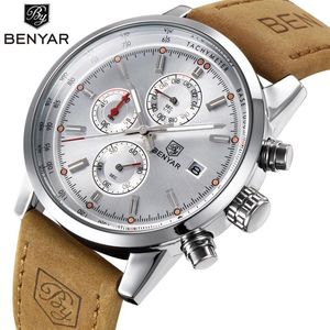 Benyar Chronograph Sport Mens Watches Top Brand Luxurz Quartz Relógio Todos os ponteiros trabalham com negócios à prova d'água BY-5102M252T