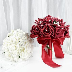 Flores decorativas 1bunch Fake Rose Bouquet Bride Holding Wedding Party Decoration