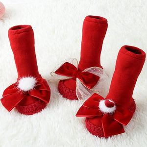 First Walkers Autumn Winter Baby Girls Year Socks Born Bowknot Infant Red Anti Slip Soft Cotton Floor Sock Shoes