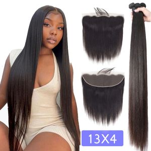 Hair pieces Brazilian Straight Hair Bundles With Frontal 30 32 34 36 inch Human Hair Bundles With 13X4 Transparent Ear to Ear Lace Frontal 221116