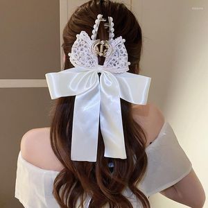 Accessori per capelli Donna Fiocco grande Artiglio di perle Nastro lungo Big Bowknot Stain Barrettes Clip a coda di cavallo tinta unita