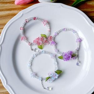 Strand Korean Crystal Beaded Bracelet Flower Pendent Friendship Fashion Floral Charms Jewelry Accessories For Girls