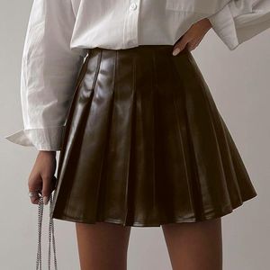 Skirts Womens PU Leather Miniskirts High Waist A-Line Pleated Skirt Punk Club Black Brown Latex Side Invisible Zip Flared Mini