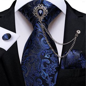 Bow Ties Blue Paisley Black Men's Neck Tie Set näsduk Manschettknappar Lyxig bröllopstillbehör Broscherkedja Gift för män