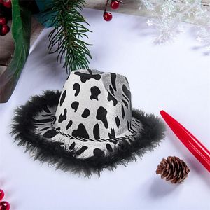 Berets Women's Sequin Milk Feather Cowboy Hat Soft Nonwoven Wide Brim Cow Print Furry Patchwork Western Large