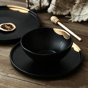 Bowls 6/8Inch Nordic Creative Ceramic Bowl Black Gold Dark Jade Relief Noodle Foil Design Pot Soup Ramen Tableware