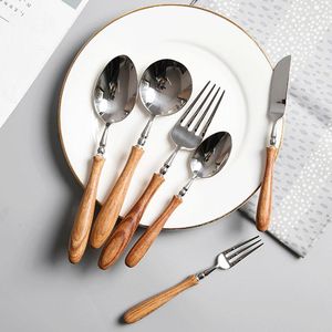 Dinnerware Sets Flatware Wooden Handle Cutlery Set 304 Stainless Steel Knife Fork Spoon Steak Tableware