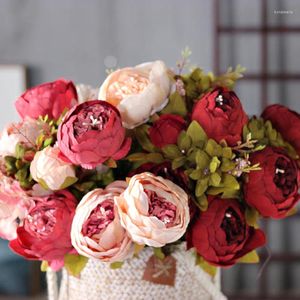 Fiori decorativi di alta qualità 6 teste 2 boccioli europeo artificiale peonia rosa fiore di seta fai da te bouquet da sposa casa decorazione della festa nuziale