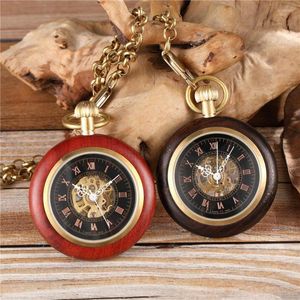 Taschenuhren Holz Gold mechanische Uhr Damen Herren Hand Wind Kette Halskette für Männer und Frauen Unisex