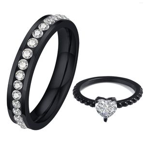 Wedding Rings Black Color Stainless Steel Women's Couple With CZ Zircon Row Thin Dainty Stacking Engagement Gift