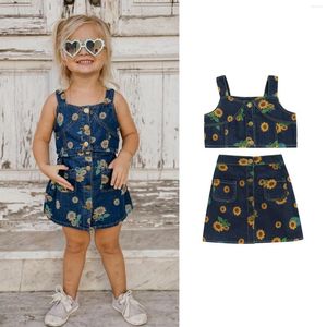 Clothing Sets 2022 Summer Children Kids Baby Girls Printed Suspender Vest Tops Denim Skirts 2Pcs Sunflower Outfits