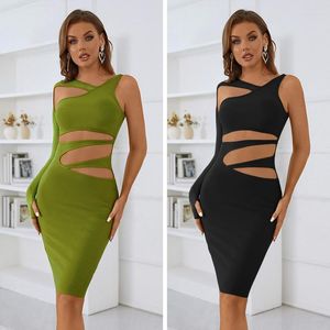 Casual Dresses Black and Green Color Summer Rayon Bandge Women Sexy Hollow Out Package Hip Dress Celebrate Nightclub Party High Quali