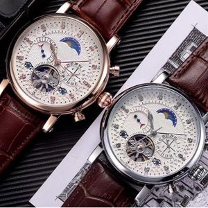 Topp mode schweiziska diamantklockor Stopwatch Leather Moon Mens Automatic Mechanical Watch Reloj de Lujo272f