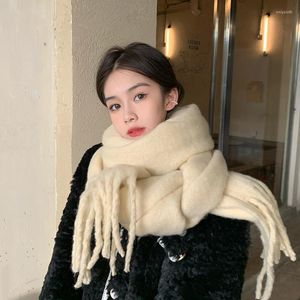 Scarves CHENKIO Women's Winter Warm Scarf Korean Fashion Tassel Mohair Soft Thickening Imitation Cashmere Shawl Hijab