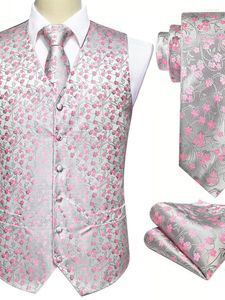 Mäns västar rosa blommor Silk Vest Waistcoat Men Slim Sil Silver Nathtie Handokerchief Manschettknappar Tie Barry.Wang Business Design