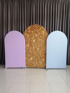 パーティーの装飾3PCSアーチ形状張力布の背景結婚式の誕生日スタンドパープルゴールドグリッターカスタム背景